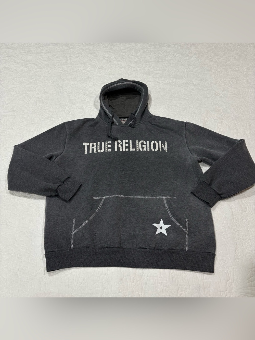 Vintage True Religion Big Logo Men’s Hoodie Zip Up Size XL Gray Stars Authentic